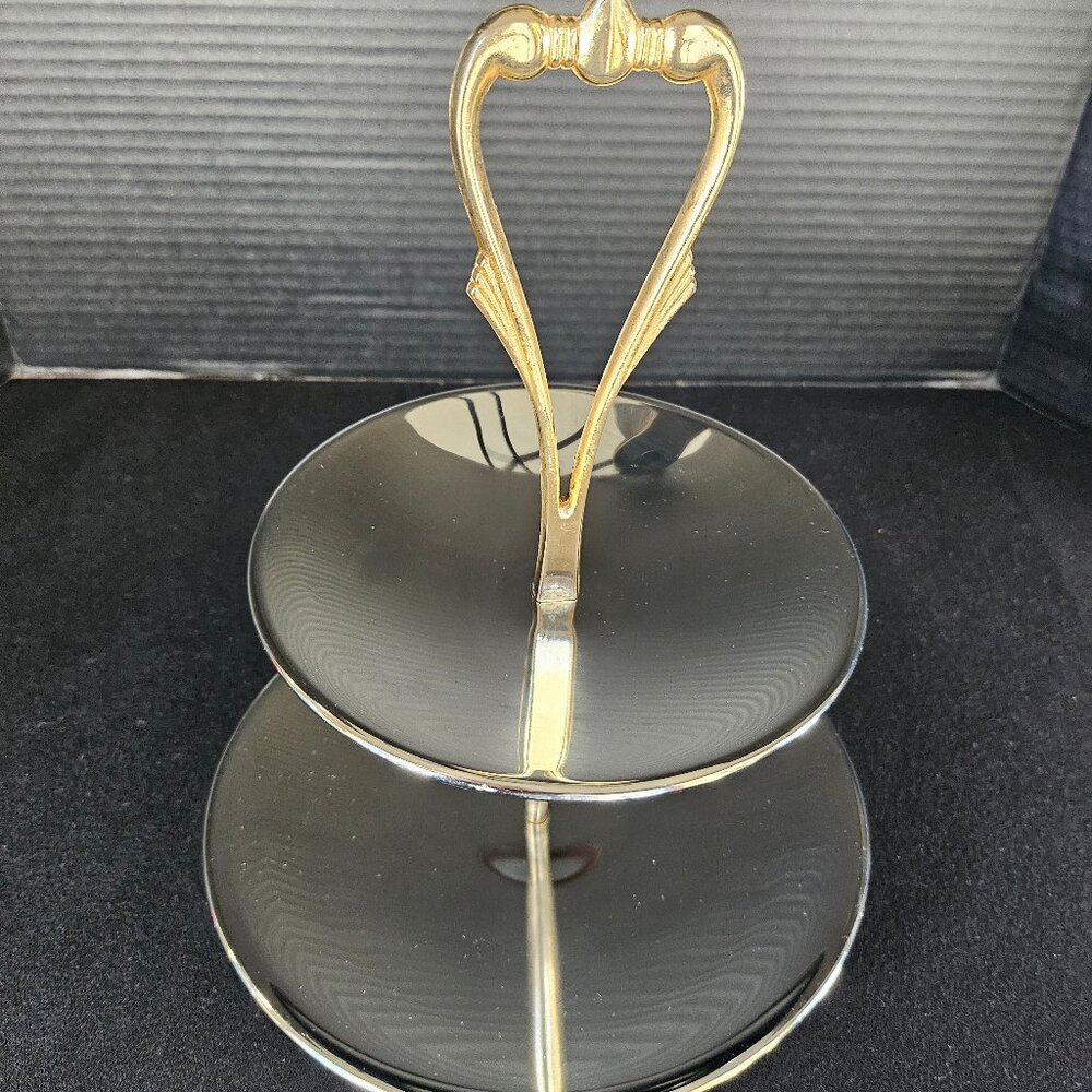 Kromex Two Tiered Metal Serving Tray Gold Metal Handle MCM Design Serving Tray